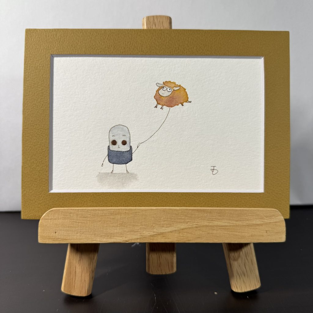 Jun Holding Yellow Sheep Balloon Painting