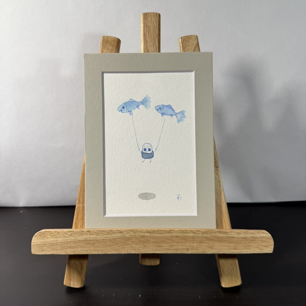 Jun Holding Two Blue Fish Balloons Painting